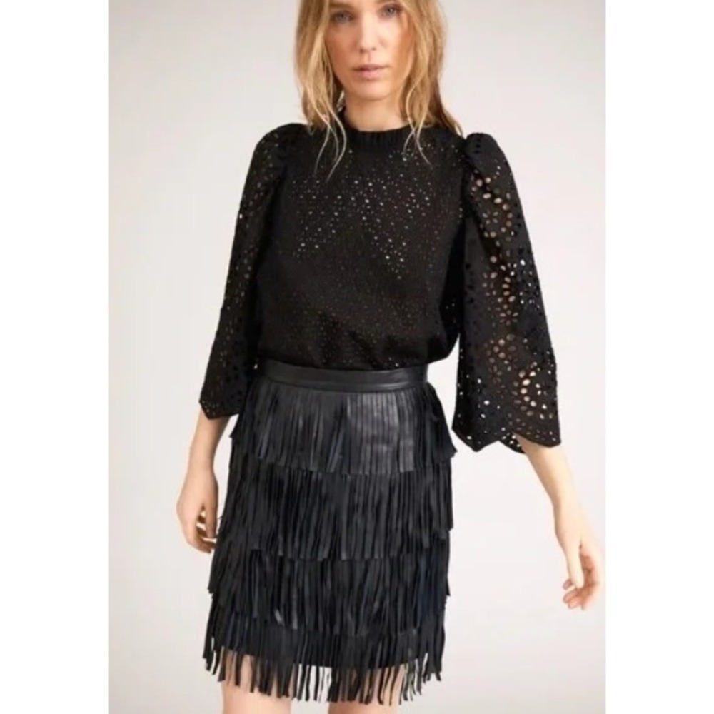 Munthe Como Black Organic Cotton Eyelet Puff Sleeve Tie Back Blouse Top EU 42